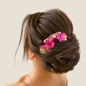 accessoire de cheveux pour mariage avec fleurs en papier roses et fleurs séchées style bohème romantique pour coiffure de mariée