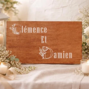 Panneau de bienvenue mariage personnalisé style bohème chic avec prénoms des mariés et date, décoration élégante pour entrée de cérémonie ou réception