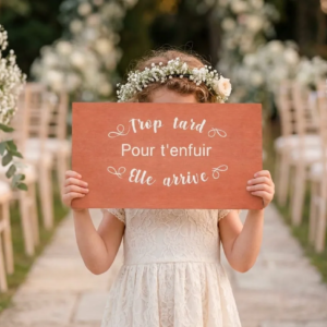 enfant dhonneur tenant la pancarte de mariage trop tard pour tenfuir elle arrive