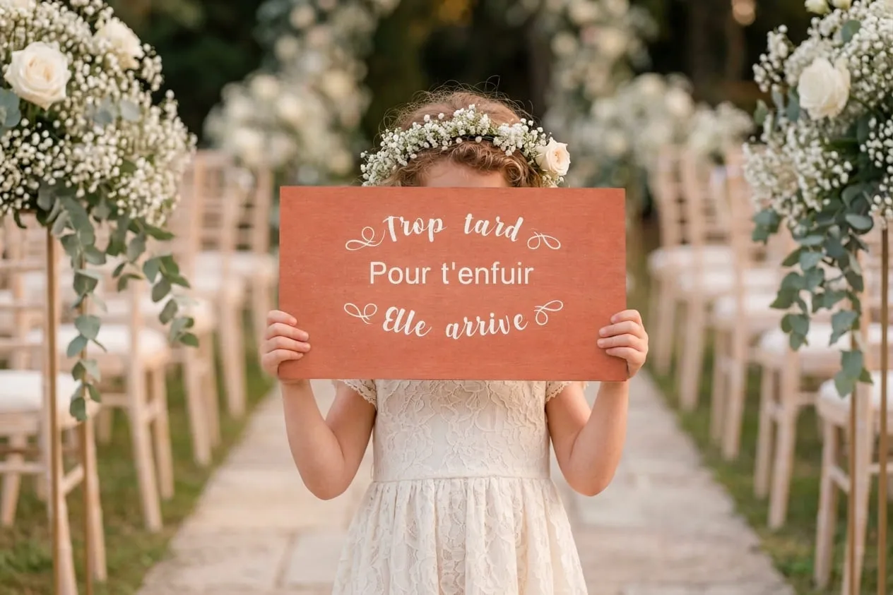 panneau-mariage-bois-humour-trop-tard-pour-tenfuir enfant dhonneur tenant la pancarte de mariage trop tard pour tenfuir elle arrive
