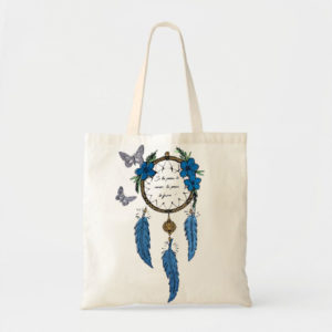 tote bag avec flocage d'un attrape reve en bleu paillete