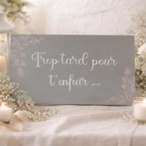 Un panneau rectangulaire en bois peint en gris posé sur une nappe blanche au centre d'une décoration romantique composée de roses blanches, de gypsophile et de bougies. La pancarte affiche au centre la phrase humoristique "Trop tard pour t'enfuir..." écrite en lettres cursives blanches, complétée aux angles supérieur gauche et inférieur droit par de délicats motifs gravés ou peints de roses de couleur rose poudré