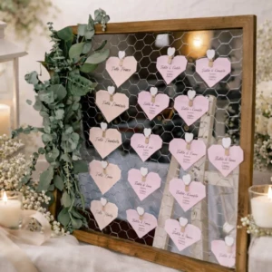 Un plan de table de mariage de style rustique et bohème, composé d'un grand cadre en bois brut et de grillage à poule. Des fiches en forme de cœurs rose poudré y sont suspendues à l'aide de petites pinces à linge en bois blanches, indiquant le nom des tables et la liste des invités. Le cadre est décoré d'une branche d'eucalyptus frais sur le côté gauche, posé au milieu d'un décor romantique comprenant des roses blanches, du gypsophile, une lanterne blanche et des bougies allumées.