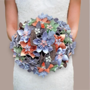 Bouquet de mariée original en fleurs de papier origami vert menthe et corail fait main par IdeaLisa