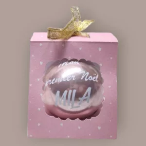boule de noel personnalisee 1er noel radieux rose et blanc