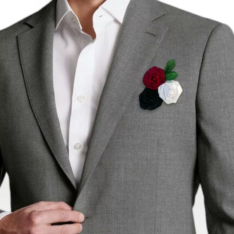 boutonniere homme style classique boutonniere de marie avec des fleurs roses en satin gris rouge et blanc pour tout theme de mariage