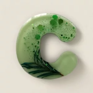 lettre resine C verte fleurs et paillettes ideale pour porte cles ou comme marque place de mariage