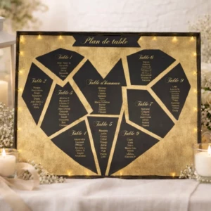 Un plan de table de mariage rectangulaire encadré, posé sur une nappe blanche au milieu d'un décor romantique de roses blanches, de gypsophile et de bougies allumées. Le panneau présente un fond doré scintillant texturé, illuminé sur les bords par une fine guirlande lumineuse. Au centre, un grand cœur stylisé est découpé en plusieurs blocs de papier noir ardoise, affichant la "Table d'honneur" au milieu et les autres tables numérotées tout autour avec la liste des invités écrite dans une élégante calligraphie dorée.