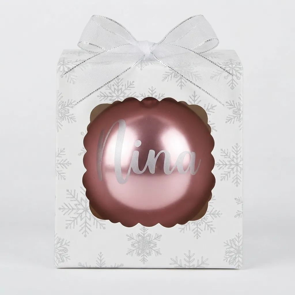 boule-de-noel-prenom-nina Boîte cadeau blanche à motifs de flocons de neige argentés avec un nœud argenté, contenant une boule de Noël rose/mauve métallisée avec le prénom "Nina".