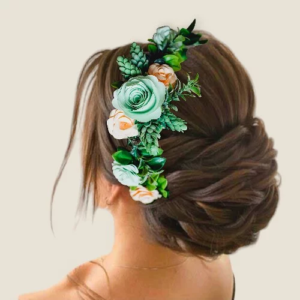 couronne de fleurs mariee secret de fleurs avec des fleurs en papier vert menthe et corail ideal pour tout theme et coiffure de mariage