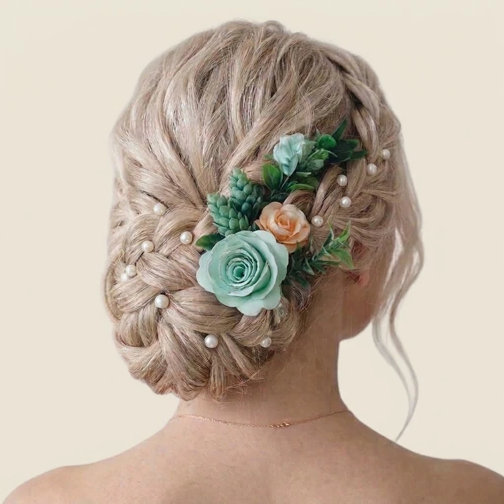 peigne-cheveux-mariage-fleurs-vert-eau-et-peche Peigne à cheveux de mariage floral avec rose vert eau, petite fleur pèche et feuillage tendre.