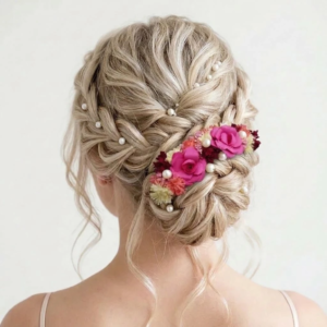 Peigne à fleurs de mariage avec roses fuchsia vibrant, fleurs bordeaux et perles fines.
