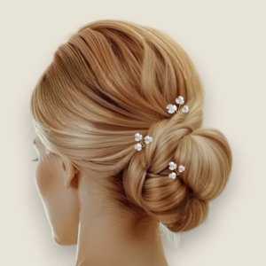 Trio de pics à chignon de mariée avec perles et fleurs nacrées sur chignon bas