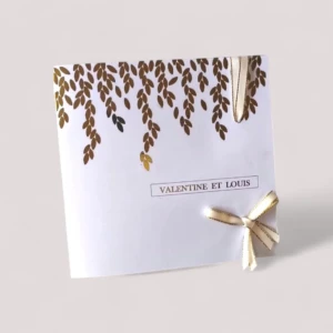 faire part mariage blanc or pluie feuilles ruban noeud