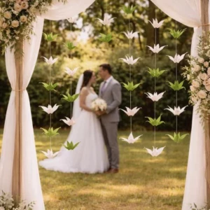 Guirlande de grues origami suspendues pour décoration de cérémonie de mariage romantique