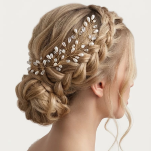 Coiffure de mariée élégante avec un chignon bas tressé, sublimé par une vigne de cheveux dorée ornée de perles nacrées et de cristaux scintillants