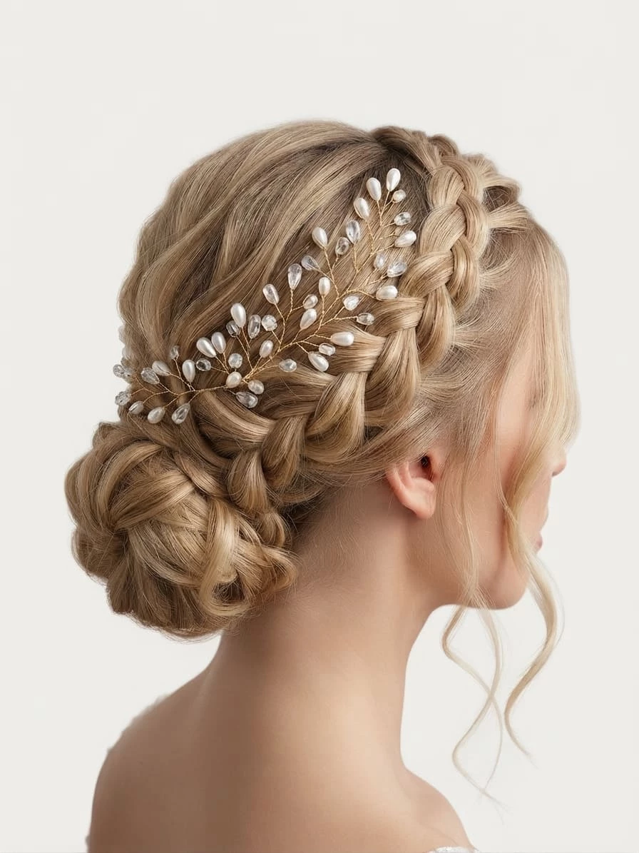 accessoire-cheveux-mariee-vigne-perles-cristaux-dore Coiffure de mariée élégante avec un chignon bas tressé, sublimé par une vigne de cheveux dorée ornée de perles nacrées et de cristaux scintillants
