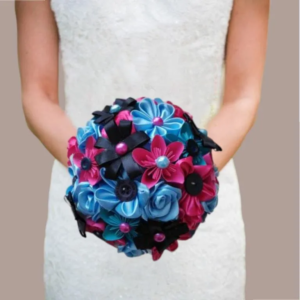 Bouquet de mariée rockabilly vintage turquoise et fuchsia en tissu et papier fait main