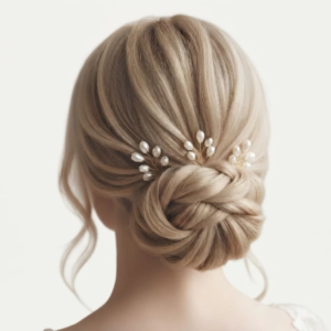 Vue de dos d'une coiffure de mariée élégante sur cheveux blonds, avec un chignon tressé sophistiqué orné de trois pics à cheveux en perles et fil d'or, accessoires de mariage IdeaLisa.