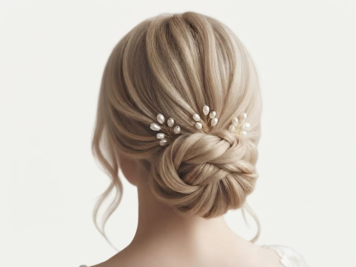 accessoire-cheveux-mariage-pics-perles Vue de dos d'une coiffure de mariée élégante sur cheveux blonds, avec un chignon tressé sophistiqué orné de trois pics à cheveux en perles et fil d'or, accessoires de mariage IdeaLisa.