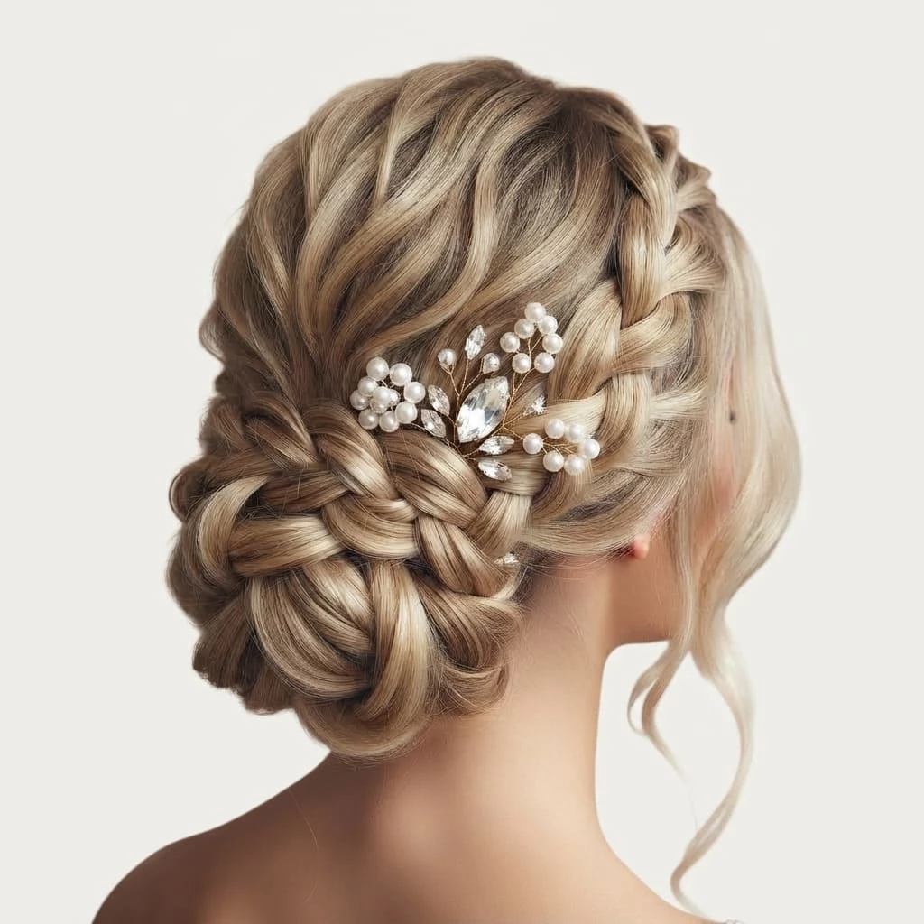 accessoire-cheveux-mariee-peigne-perles-strass Coiffure de mariée élégante avec un chignon tressé orné d'un peigne ou d'une épingle à cheveux brillante composée de perles et de strass