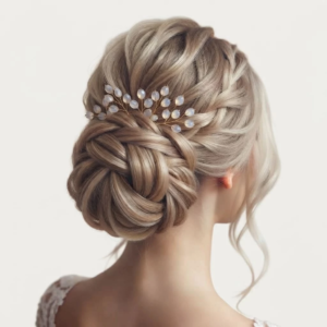 Coiffure de mariée sophistiquée avec un chignon tressé élégant, sublimé par un peigne ou un bijou de cheveux doré orné de pierres nacrées ou d'opales