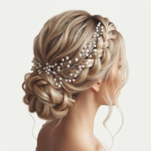 Modèle de coiffure de mariée avec un chignon flou et une tresse, sublimé par une vigne de cheveux délicate ornée de perles blanches pour un mariage