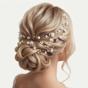 Coiffure de mariée sophistiquée avec un chignon bas flou, sublimé par une somptueuse vigne de cheveux dorée ornée de perles blanches et de cristaux brillants