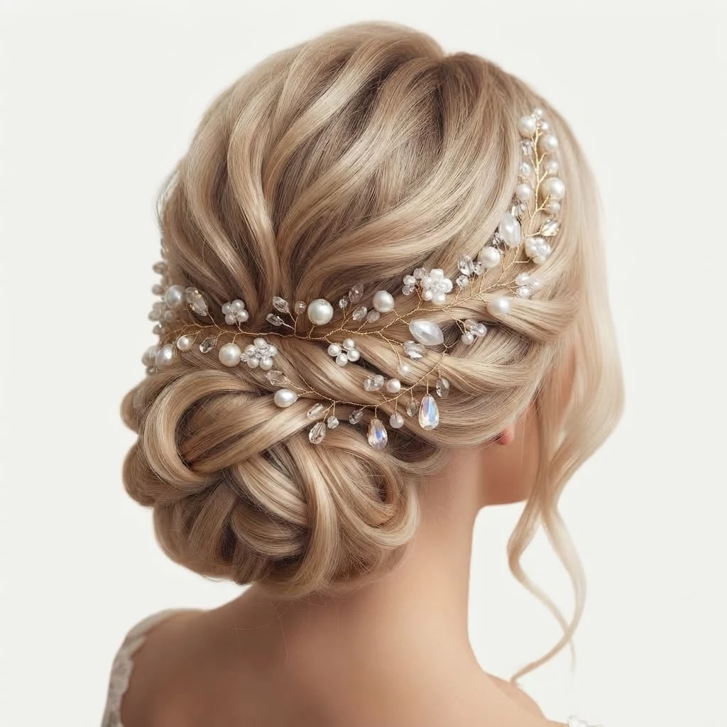 accessoire-cheveux-mariee-vigne-perles-cristaux Coiffure de mariée sophistiquée avec un chignon bas flou, sublimé par une somptueuse vigne de cheveux dorée ornée de perles blanches et de cristaux brillants