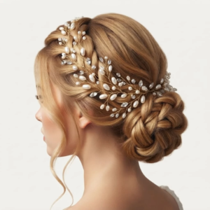 Vue de profil et de dos d'une coiffure de mariée élégante sur cheveux blonds, avec une tresse et un chignon bas, sublimés par un long bijou de tête ou vigne de cheveux dorée ornée de perles nacrées et de cristaux IdeaLisa
