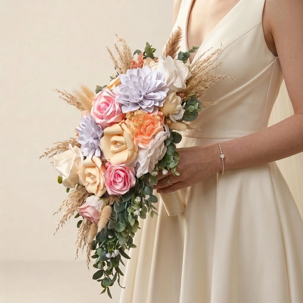 bouquet-de-mariee-cascade-boheme-herbes-de-pampas-et-roses Grand bouquet de mariée cascade style bohème pastel avec herbes de pampas, roses pêche et fleurs violettes.