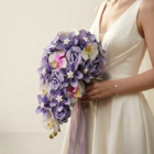 Bouquet de mariée cascade romantique avec orchidées naturelles et fleurs origami violettes et lavande.