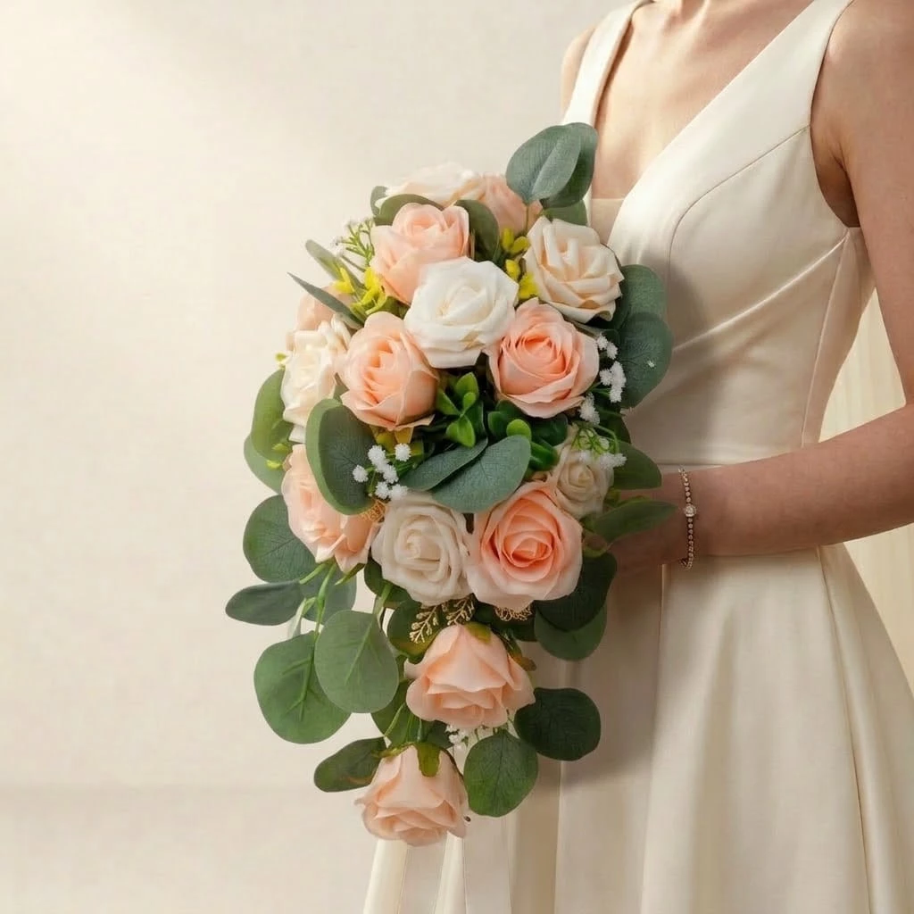 bouquet-de-mariee-cascade-roses-peche-et-eucalyptus Bouquet de mariée en cascade composé de roses pêche et crème accompagnées d'un feuillage vert d'eucalyptus.