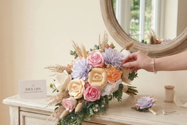 bouquet de mariee en fleurs en papier et rose en tissu avec des fleurs sechees
