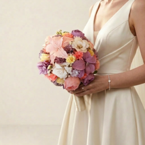 Bouquet de mariée rond aux nuances pastel composé de fleurs en papier crépon pêche, mauve et crème.