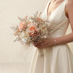 Bouquet de mariée délicat composé de fleurs en soie pêche et crème mélangées à du gypsophile séché.