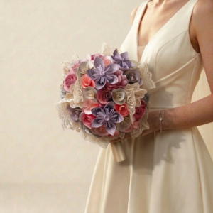 Bouquet de mariée romantique en origami aux nuances vieux rose, mauve et beige bordé de dentelle ancienne.