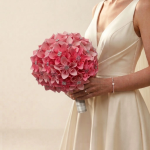 Bouquet de mariée sphérique composé de fleurs en origami rose fuchsia et rose vif scintillantes avec des strass au cœur de chaque fleur.