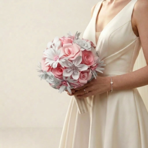 Bouquet de mariée rond et romantique en fleurs origami rose poudré et blanc cassé avec cœurs perlés et strass.