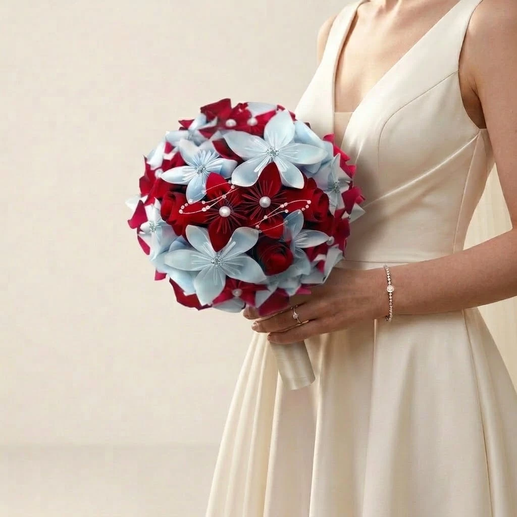 bouquet-de-mariee-origami-rouge-et-blanc- Bouquet de mariée en origami rouge carmin et blanc avec tiges perlées délicates au cœur de la composition.
