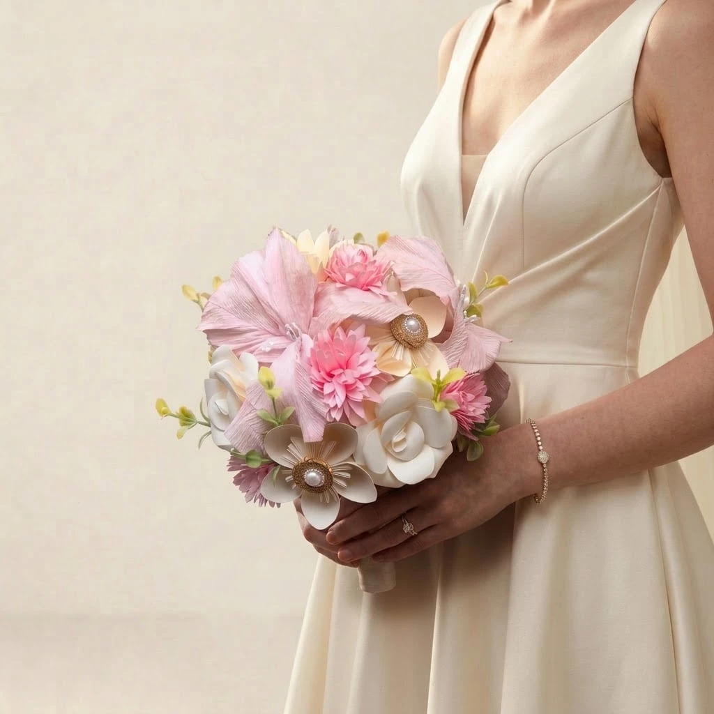 bouquet-de-mariee-papeterie-fleurs-roses Bouquet de mariée délicat composé de fleurs en papier crépon et papeterie artisanale rose pastel, crème et boutons dorés.