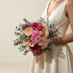 Bouquet de mariée champêtre en fleurs de papier rose poudré, bordeaux et crème entouré de feuillage d'eucalyptus.