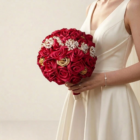 Bouquet de mariée sphérique en roses de satin rouge bordeaux et doré rehaussé de broches en perles et strass.