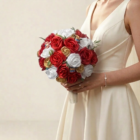 Bouquet de mariée rond en roses de satin rouge vif, blanc et dore avec petits motifs thématiques.