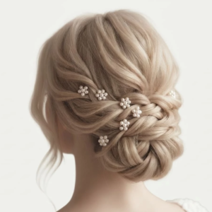 Coiffure de mariée élégante composée d'un chignon tressé flou, orné de délicates épingles à cheveux en forme de petites fleurs de perles blanches