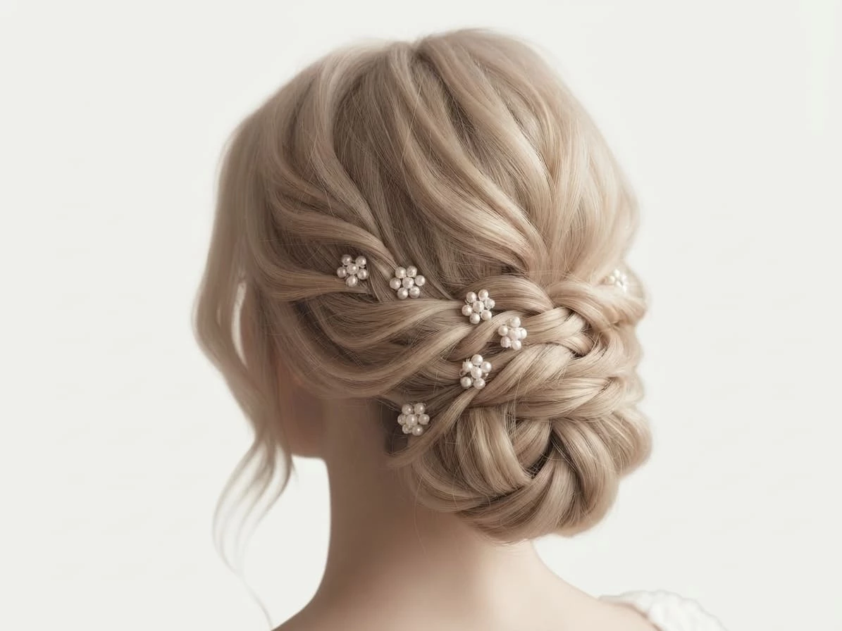 ccessoire-cheveux-mariee-epingles-fleurs-perles Coiffure de mariée élégante composée d'un chignon tressé flou, orné de délicates épingles à cheveux en forme de petites fleurs de perles blanches