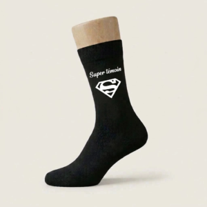 Chaussette noire personnalisée Super Témoin de mariage avec logo style Superman