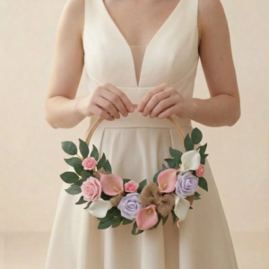Cerceau floral en bois pour demoiselle d'honneur avec roses rose poudré, lilas, arums blancs et nœud en toile de jute.
