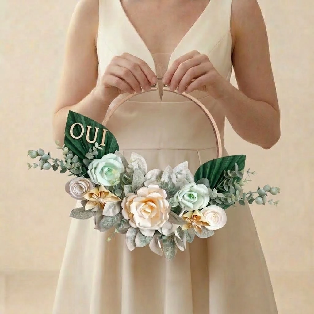 couronne-fleurs-mariee-vert-d-eau-et-beige Cerceau floral de mariée personnalisé avec le mot OUI, composé de fleurs en papier vert d'eau, beige, blanc et feuillage d'eucalyptus.