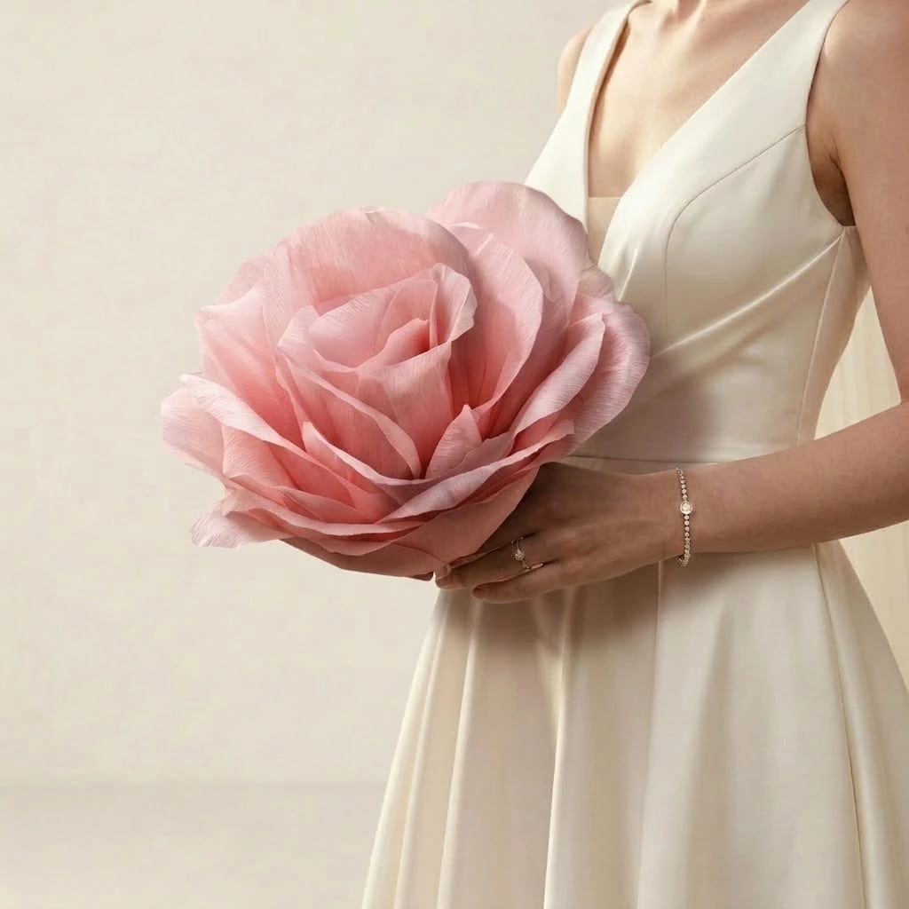 grosse-fleur-unique-papier-crepon-rose Grande rose géante unique en papier crépon rose poudré tenue par la mariée pour une alternative de bouquet romantique.